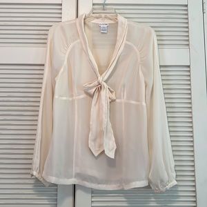 Ivory Bow Tie Front Sheer Long Sleeve Blouse